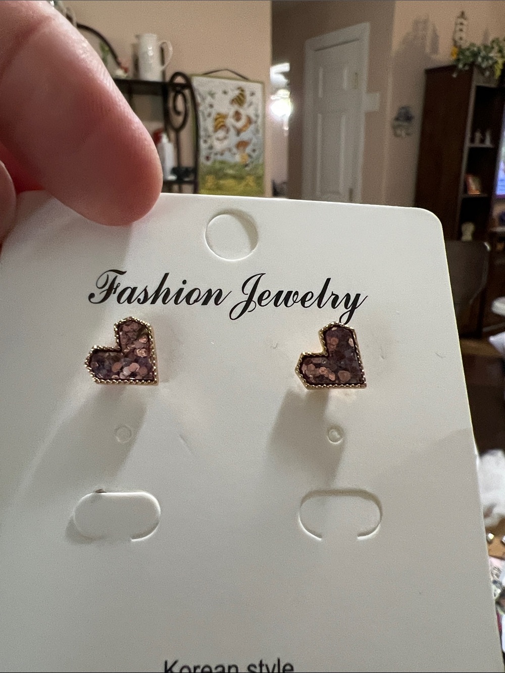 New Fashion Jewelry Gold-Tone Heart Stud Earrings with Purple Glitter